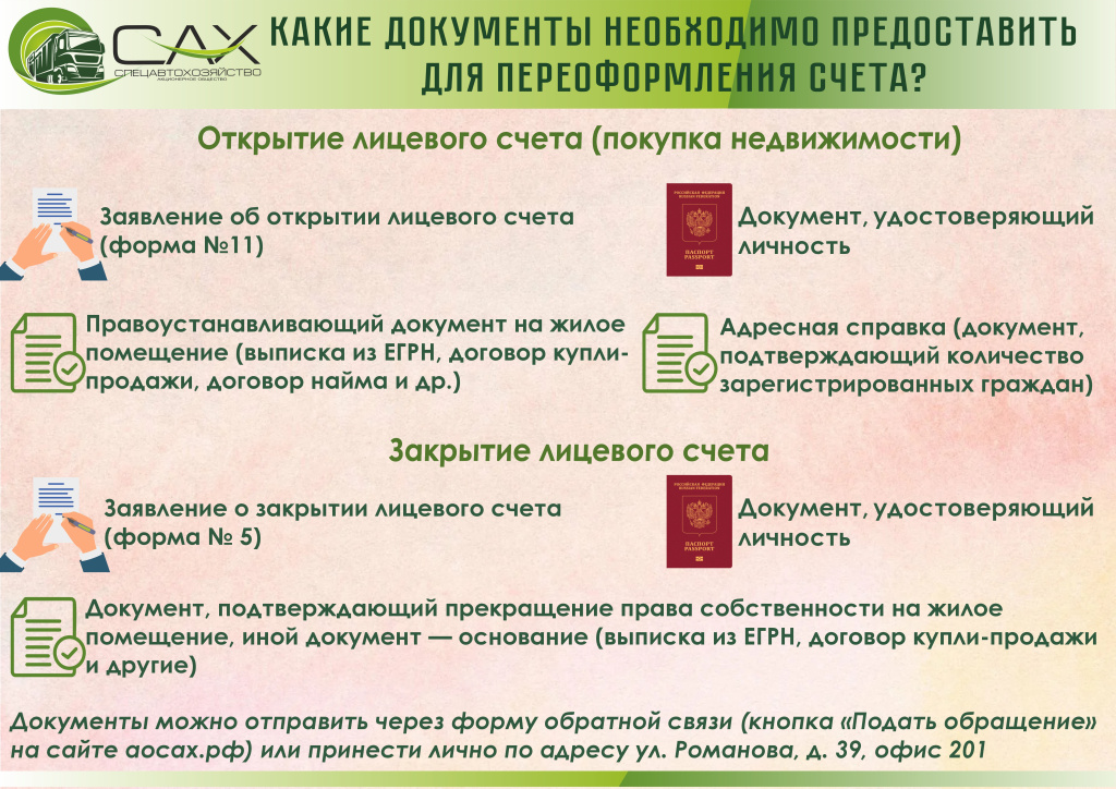 Какие документы  необходимо предоставлять для переоформления счета?